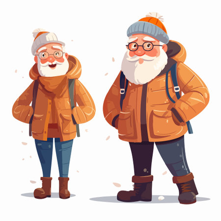 Old man with a long beard in a warm coat and hat with a backpack. Vector illustrationのイラスト素材