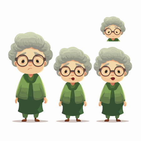 Elderly woman cartoon character with different facial expressions. Vector illustrationのイラスト素材