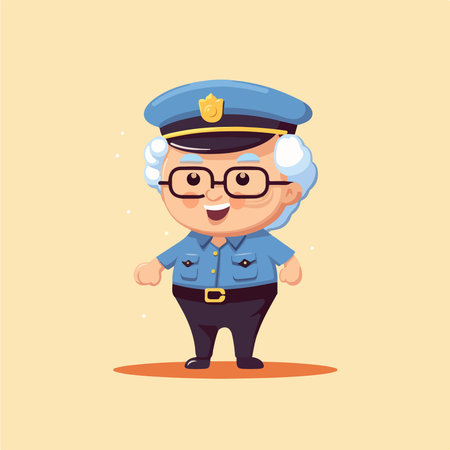 Policeman vector illustration. Cute cartoon policeman in uniform and glasses.