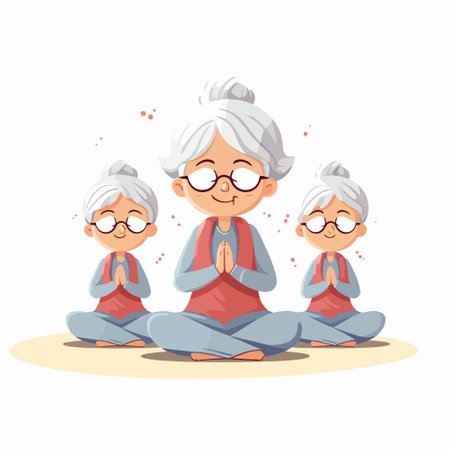 Elderly woman doing yoga with her grandchildren. Vector illustration.のイラスト素材
