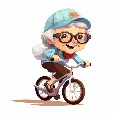 Grandmother riding a bike. Vector illustration isolated on white background.のイラスト素材
