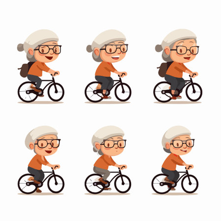 Elderly woman in glasses riding a bicycle. Vector illustration.のイラスト素材