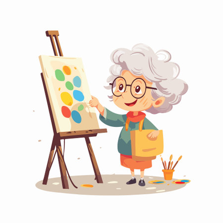 Elderly woman artist painting on canvas, cartoon vector illustration.のイラスト素材