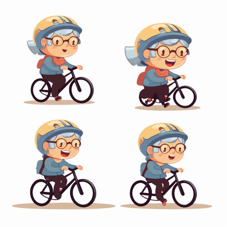 cartoon boy in helmet and glasses riding a bicycle. vector illustrationのイラスト素材