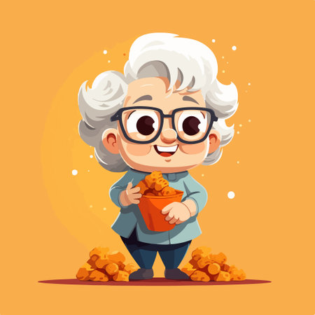 Grandmother eating popcorn. Vector cartoon illustration isolated on orange background.のイラスト素材