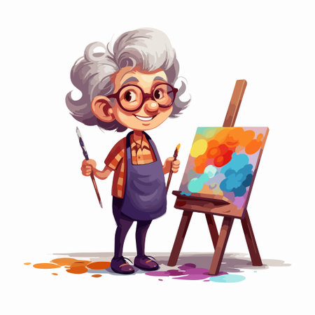 Old woman painter with brush and palette isolated on white background. Cartoon vector illustration.のイラスト素材