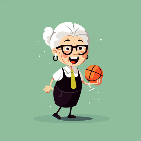 Old woman playing basketball. Vector cartoon illustration. Isolated on green background.のイラスト素材