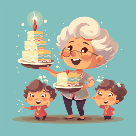 Grandmother and grandchildren with cake. Vector illustration in cartoon style.のイラスト素材