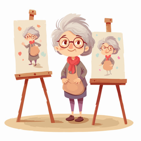 Old woman painting on easel. Vector illustration in cartoon style.のイラスト素材