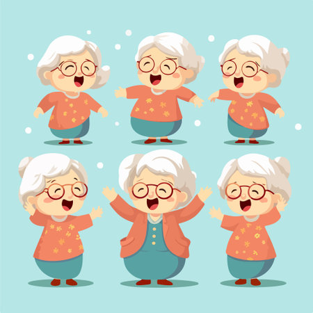 Grandmother cartoon character set. Vector illustration of happy old woman.のイラスト素材