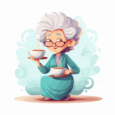 Grandmother with a cup of tea. Vector illustration in cartoon styleのイラスト素材