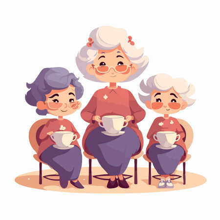 Elderly people sitting in a row and drinking tea or coffee. Cartoon vector illustration.のイラスト素材