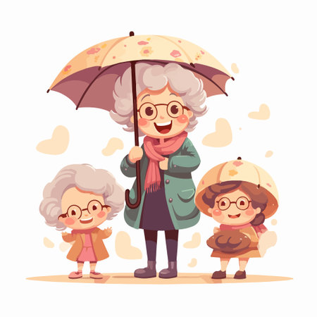 Elderly woman with two children under an umbrella. Vector illustration in cartoon styleのイラスト素材
