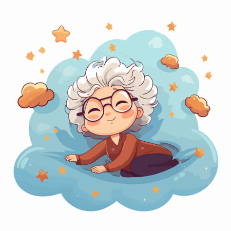 Cute cartoon elderly woman lying on a cloud. Vector illustration.のイラスト素材