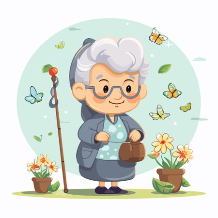 Elderly woman with flowers and butterfly. Vector cartoon illustration.のイラスト素材