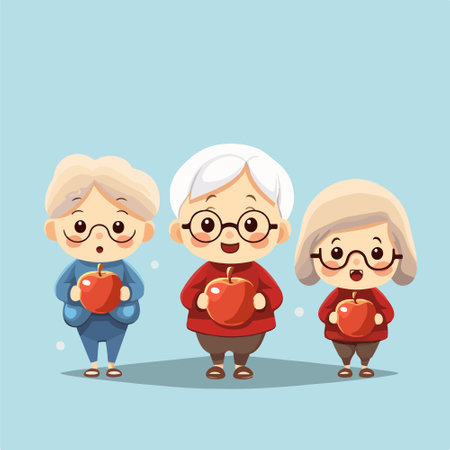 Grandmother and grandmother with apple. Vector illustration in cartoon style.のイラスト素材