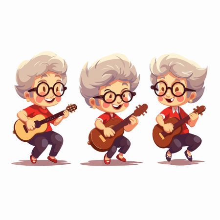 Grandmother playing guitar and singing. Vector cartoon illustration isolated on white backgroundのイラスト素材