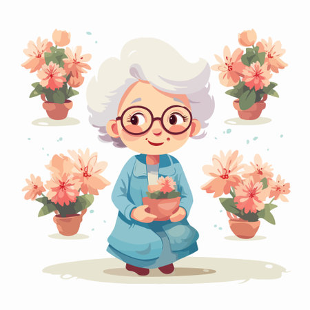 Elderly woman with flowers in pots. Cartoon vector illustration.のイラスト素材