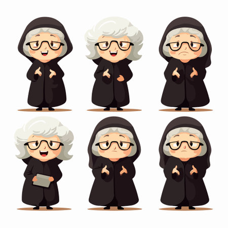 Elderly woman cartoon character with different expressions. Vector illustration.のイラスト素材