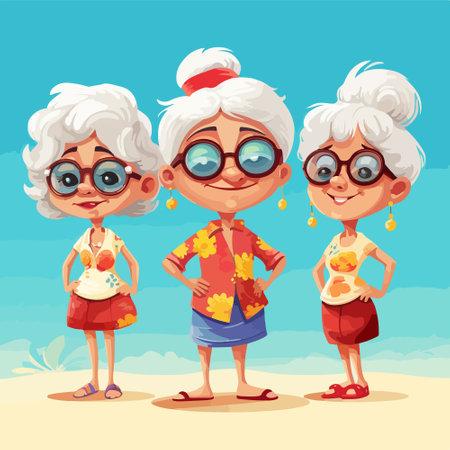 Grandmother with her grandson on the beach. Vector cartoon illustration.のイラスト素材
