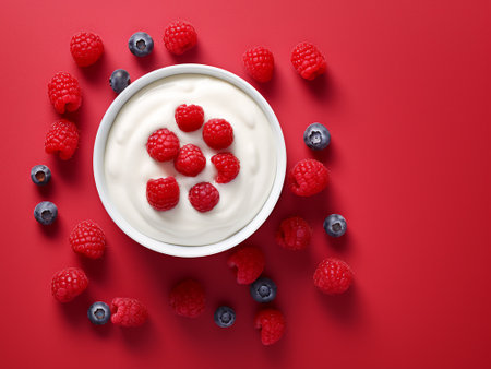 Yogurt with fresh raspberries and blueberries on red backgroundの写真素材