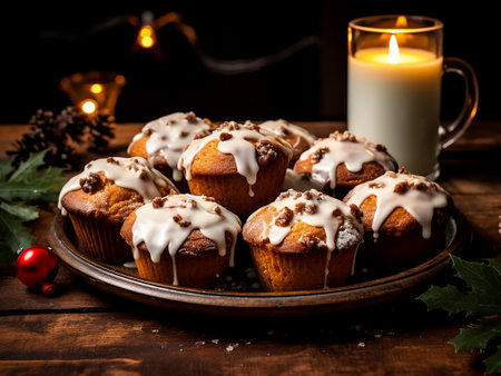 Christmas muffins with chocolate frosting on a wooden table with a burning candleの写真素材