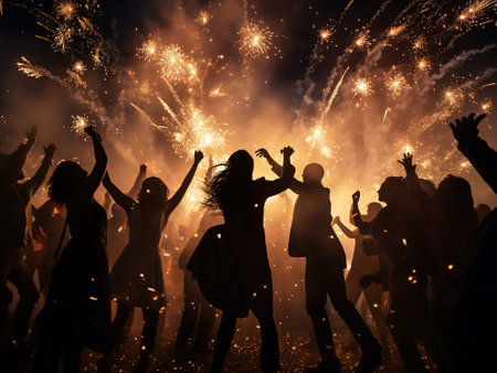 Silhouette of a group of young people dancing on the background of fireworksの写真素材