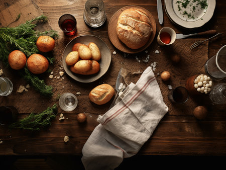 Still life with bread and wine on a wooden table. Toned.の写真素材
