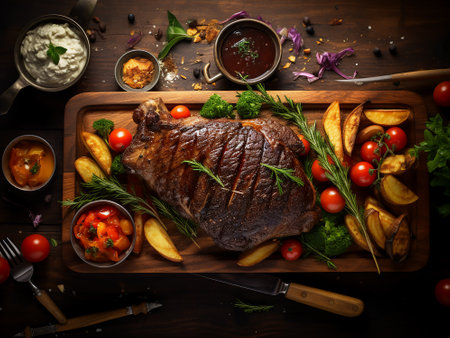 Grilled beef steak with vegetables on a wooden board. Top viewの写真素材