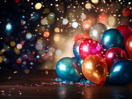 Colorful balloons and confetti on wooden table with bokeh backgroundの写真素材