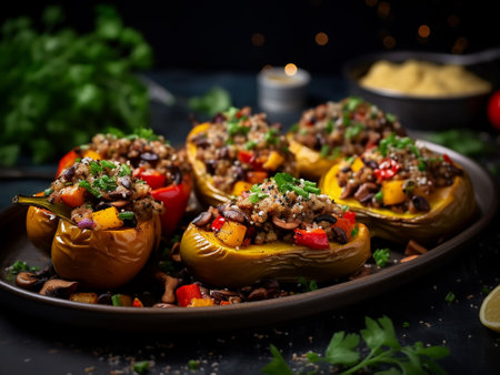 Stuffed paprika with minced meat, rice and vegetables on black backgroundの写真素材