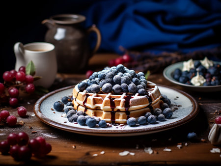 waffles with blueberries and raspberries on a wooden backgroundの写真素材