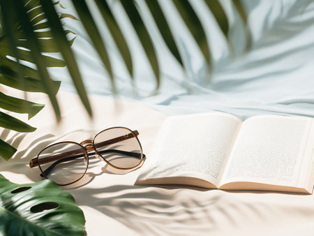 glasses and open book on white bedding with palm leaves shadowsの写真素材