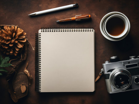 Top view of blank notepad, camera and coffee cup on brown backgroundの写真素材
