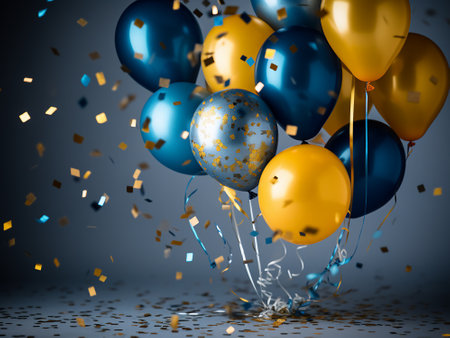 Colorful balloons with confetti and ribbons. 3d renderingの写真素材