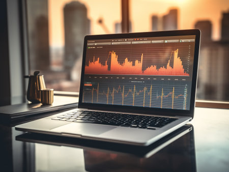 Laptop screen with stock market chart. Business and financial concept.の写真素材