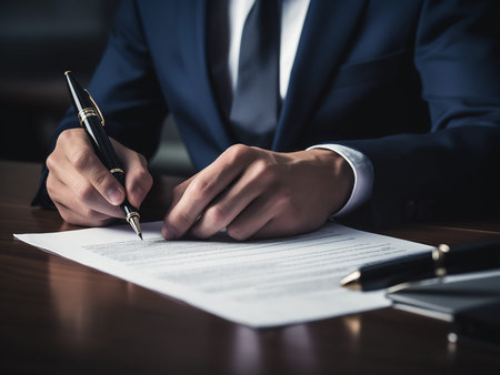 Businessman signing a contract. Close-up of male hands.
