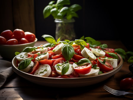 Caprese salad with tomatoes, mozzarella cheese and basil leavesの写真素材