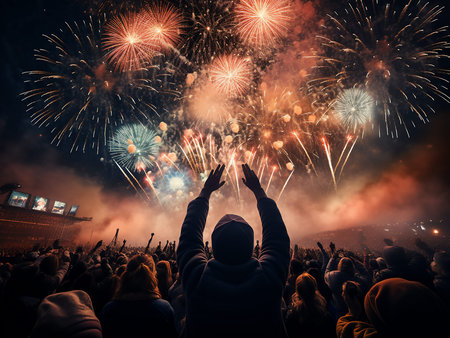 Crowd cheering at a live concert with fireworks in the background.の写真素材