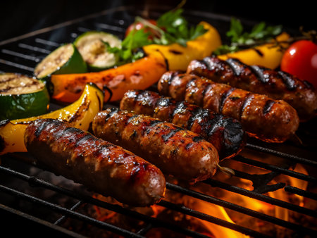 Grilled sausages with vegetables on the grill, close upの写真素材