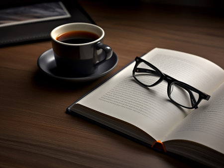 Cup of coffee, book and eyeglasses on wooden tableの写真素材