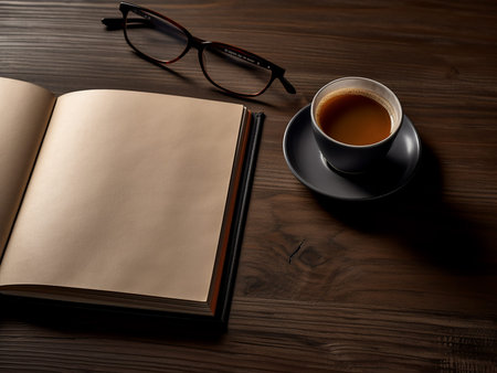 Cup of coffee and notebook on a wooden table. Top view