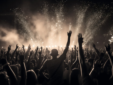 Crowd with raised hands at a music festival - Black and whiteの写真素材