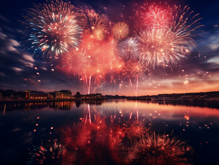Colorful fireworks of various colors over night sky with reflection on waterの写真素材