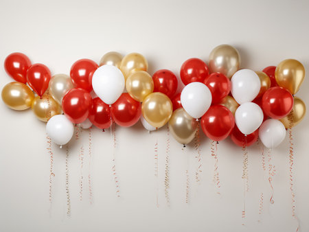 Red, white and gold balloons on white background with copy space.の写真素材