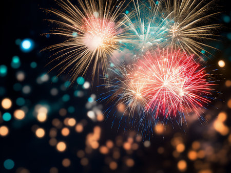 Colorful firework display for celebrating happy new year and merry christmas
