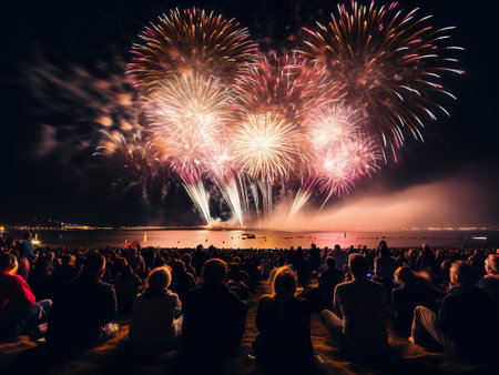 Colorful fireworks of various colors over the sea and people watching itの写真素材