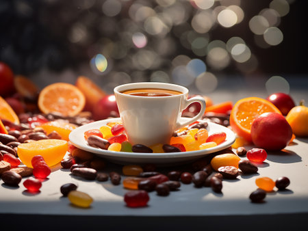 Cup of coffee with candied fruits on a background of bokehの写真素材