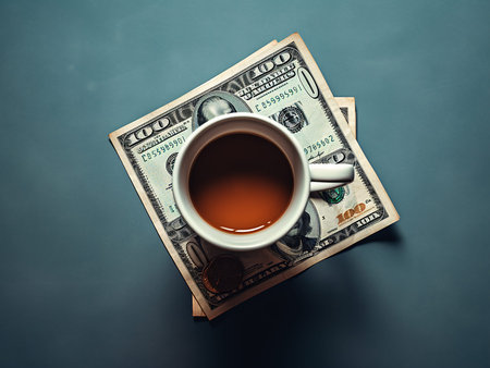 Cup of coffee with dollar banknotes on dark background, top view