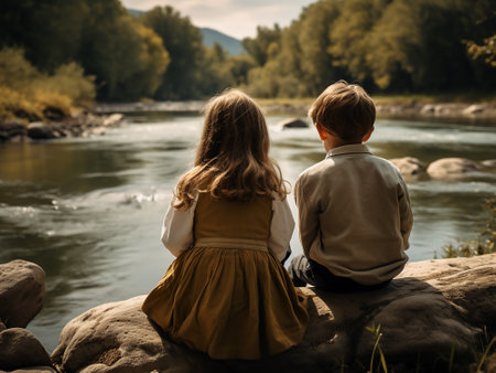 Cute little children, boy and girl, sitting on a rock by the river and looking at each otherの写真素材